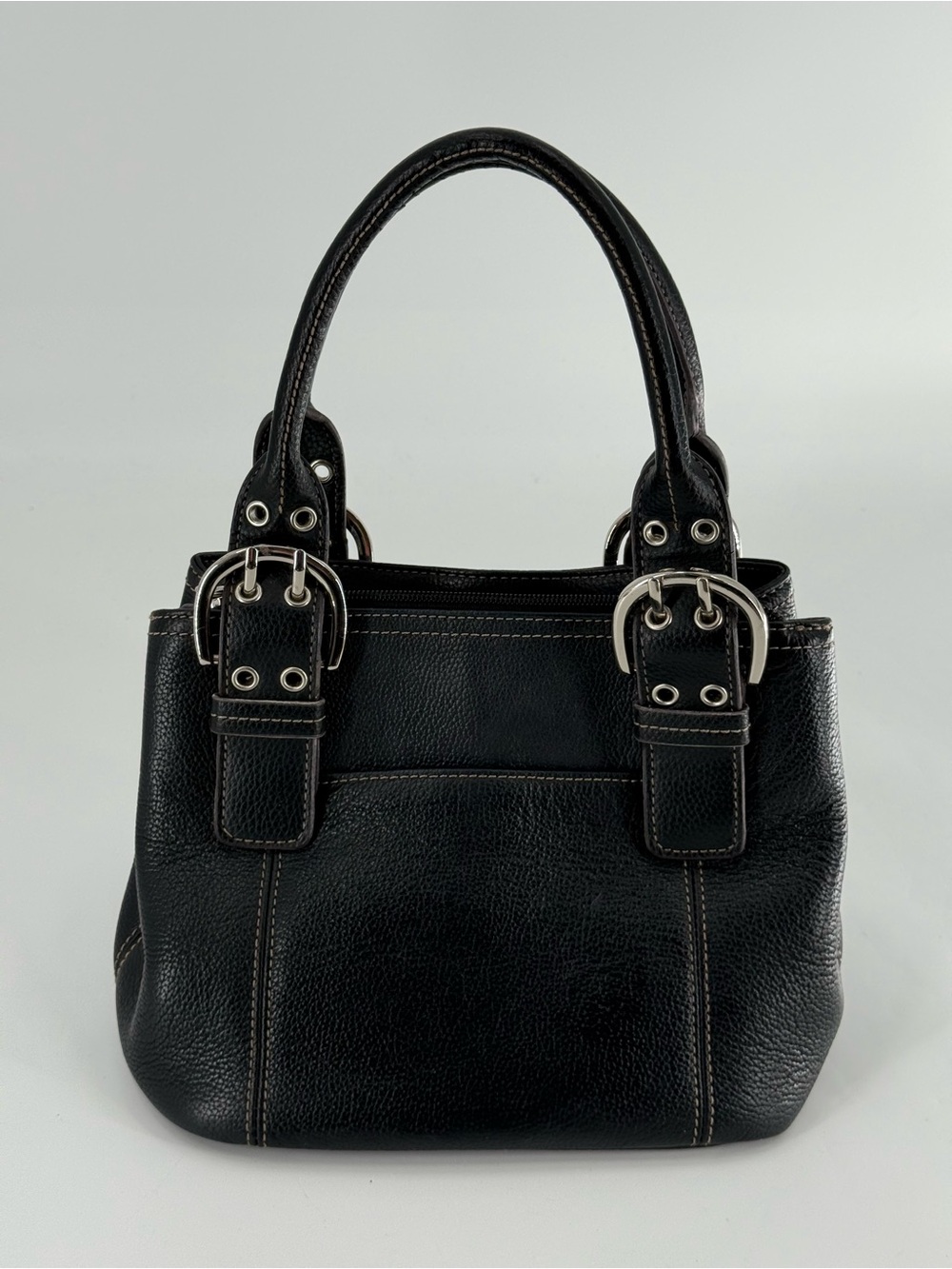 Tignanello Satchel‎ Black Pebbled Leather with Silver Buckle Accents